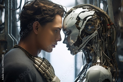 Romantic couple robot and man. Love machine and man. Generative AI