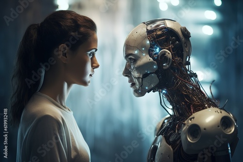 Romantic couple robot and man. Love machine and man. Generative AI