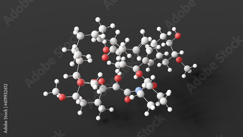 tacrolimus molecule, molecular structure, immunosuppressive agents, ball and stick 3d model, structural chemical formula with colored atoms