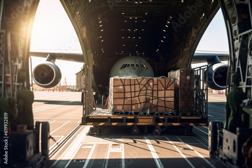 Front view of a cargo plane at the airport. Loading transport aircraft in the cargo terminal of the airport. International freight transport and logistics concept. 3D illustration.