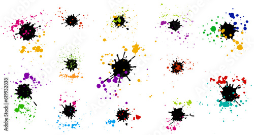 Black ink blots with colored drops, set. Vector illustration