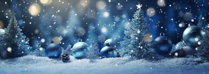 Blue Christmas New Years greeting card banner with winter forest fir trees ornaments balls snow. Template with copy space