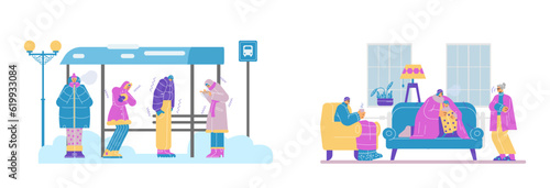 Set of freezing people at home and outdoor scenes flat style