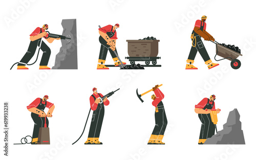 Set of mine industry workers, flat vector illustration isolated on white background.