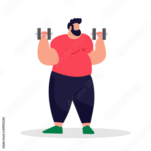 Plus size man working out with dumbbells flat style vector illustration, huge fat man working out burning calories with dumbbell exercise stock vector image
