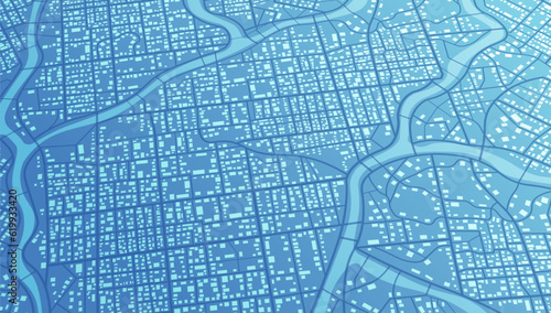 Isometric Blue city area, background map, streets. City top view. View from above the map. Skyline urban panorama. Cartography illustration. Widescreen proportion, digital flat design streetmap Vector