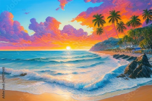 A beach scene (sunset) with palm trees and cloudy sky  created with Generative AI technology © HalilKorkmazer