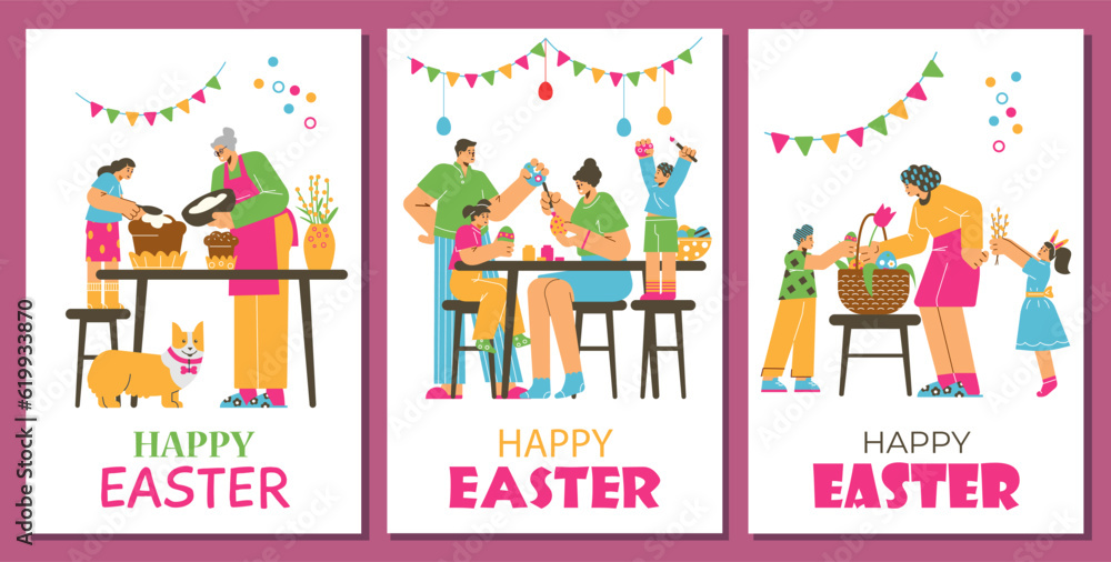 Easter holiday greeting cards set with happy family activities - flat vector illustration.