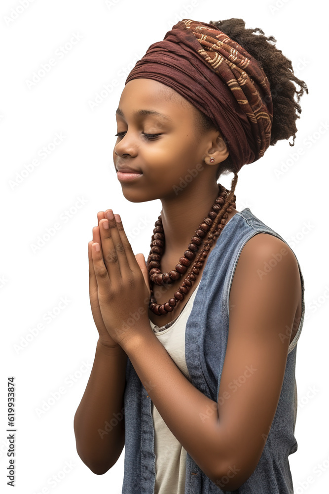 Fototapeta premium Young African girl praying with hands together over white transparent background