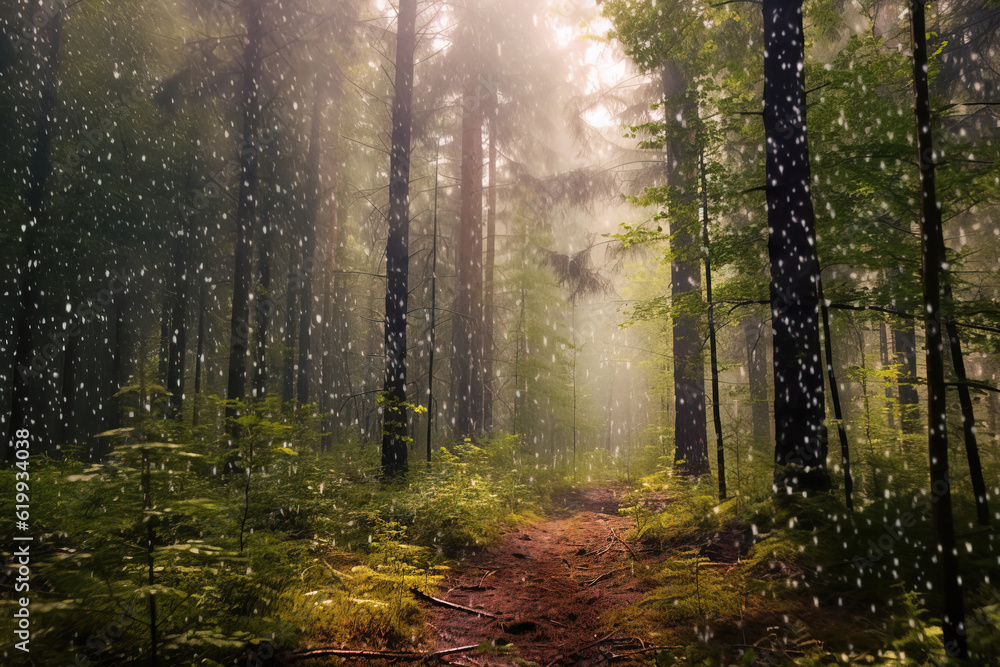 Fototapeta premium Forests landscape. Green trees and trail. Generative ai image.