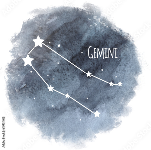 Gemini zodiac sign constellation on watercolor background isolated on white, horoscope character, white constellation in the dark sky