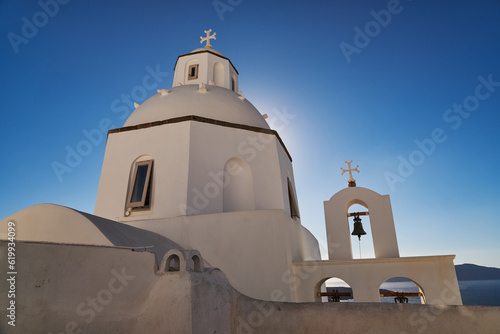 Saint Minas Holy Orthodox Church, Agiou Mina, Thera, Greece - White Church with Dome and Bell Tower