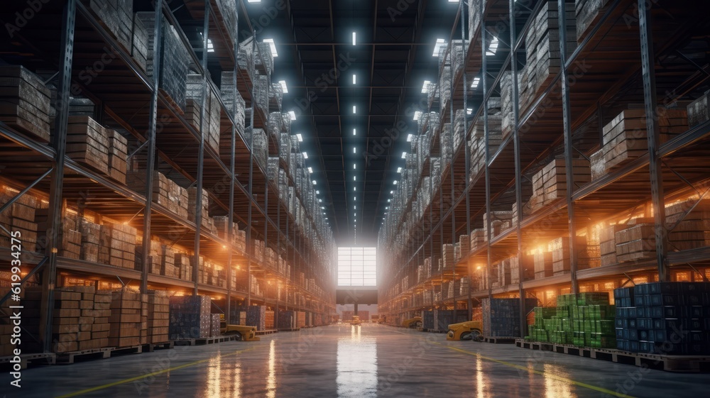 Large industrial warehouse. Tall racks completely filled with boxes and containers. Cardboard boxes on pallets. Global logistic concept. 3D illustration.