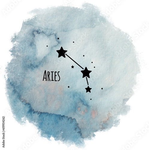 Aries zodiac sign constellation on watercolor background isolated on white, horoscope character, black constellation in the blue sky