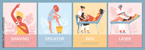 Hair removal methods, advertising posters set, flat vector illustration.