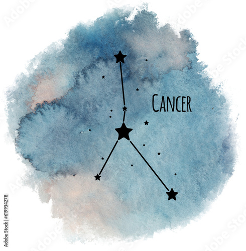 Cancer zodiac sign constellation on watercolor background isolated on white, horoscope character, black constellation in the blue sky