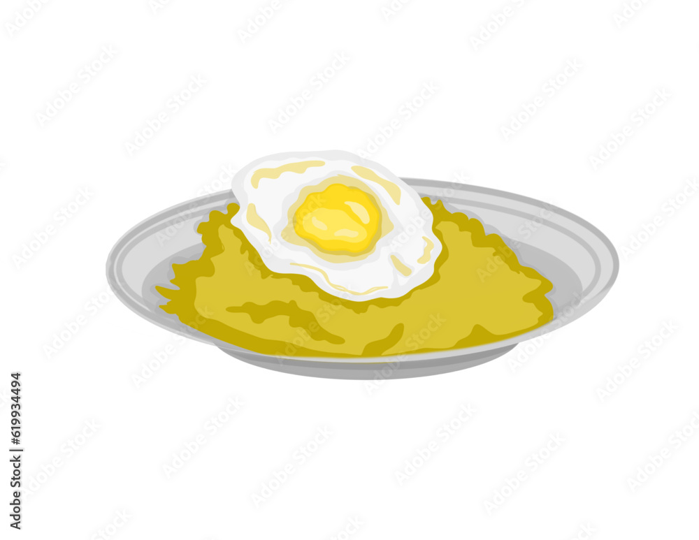 a plate of yellow rice with fried beef eye eggs with white background a plate of yellow rice with fried beef eye eggs with white background