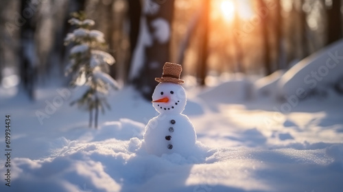 Snowman with lantern in winter forest at sunset. Christmas background. © Anna