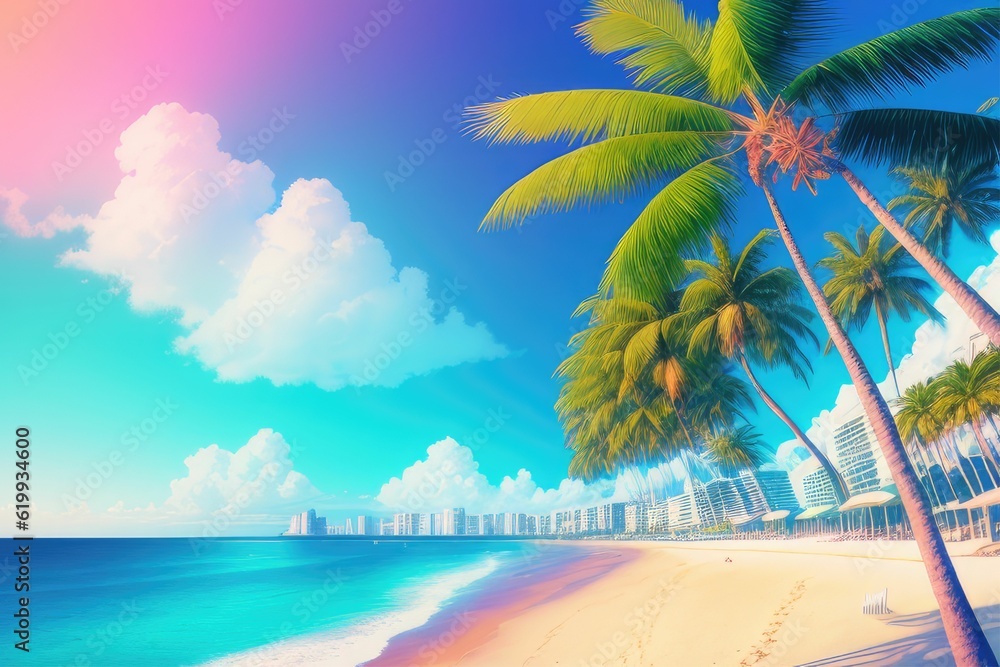 A beach with palm trees and a blue sky created with Generative AI technology