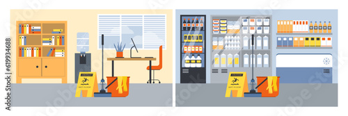 Janitor equipment in the office and supermarket - bucket, mop and caution yellow sign, flat vector illustration.