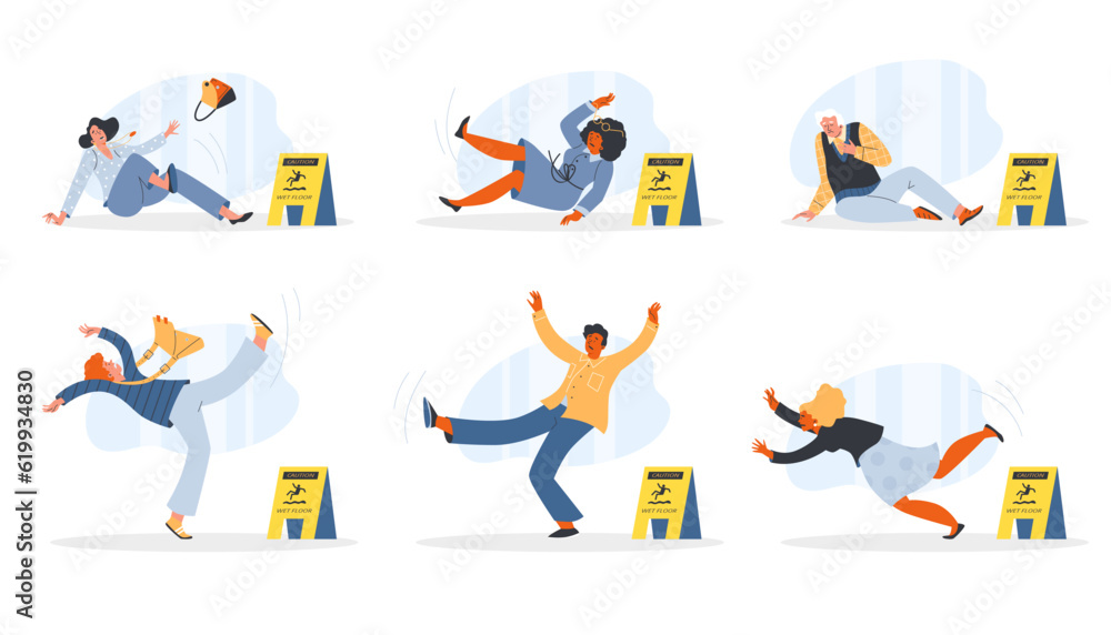 People fall on wet floor characters set, flat vector illustration isolated.