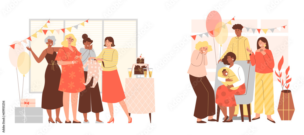 Set of scenes about baby shower party flat style, vector illustration