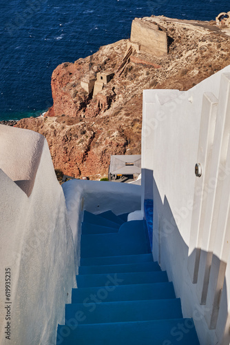 White House with Stairs in Oia Village - Santorini, Greece - Architecture, Clean, Minimal - Ocean view in Caldera Cliffs