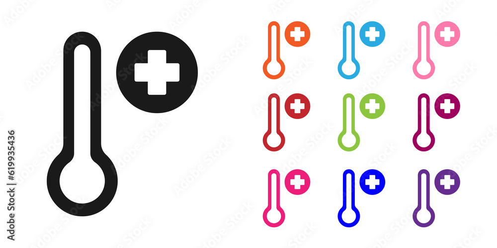 Black Meteorology thermometer measuring icon isolated on white background. Thermometer equipment showing hot or cold weather. Set icons colorful. Vector Black Meteorology thermometer measuring icon isolated on white background. Thermometer equipment showing hot or cold weather. Set icons colorful. Vector