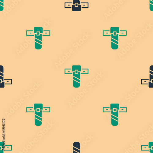 Green and black Knife holster icon isolated seamless pattern on beige background. Vector