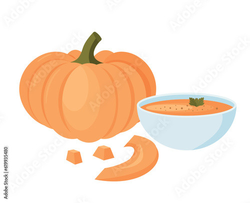 Pumpkin cream soup in a bowl and part of pumpkin, traditional Thanksgiving food vector Illustration on a white background