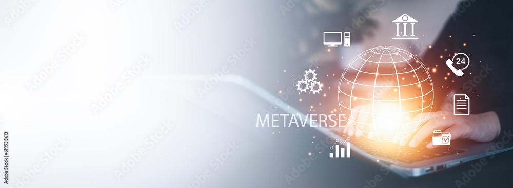 New metaverse with icon business concept,Business hand holding a virtual globe with financial icons future technology, business goals, online communication,graph Screen Icon of a media screen,big data