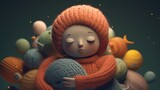 A sleeping child in a knitted sweater and hat, surrounded by balls of yarn. Doll. Generative AI. Illustration for banner, poster, cover, brochure or presentation.