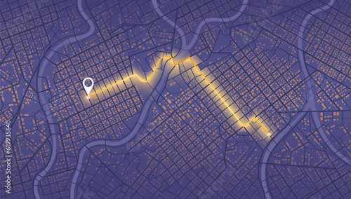 Location tracks dashboard. City street road. City streets and blocks, route distance data, path turns and destination tag or mark. Huge city top view. ector, illustration. Abstract background.