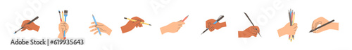 Set of hands holding various pencils and brushes flat style