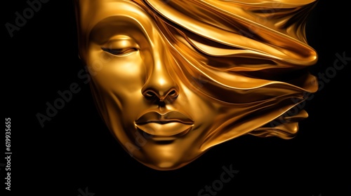 Golden asymmetrical mask on black background. Generative AI. Illustration for cover, card, postcard, interior design, decor, invitations or print.