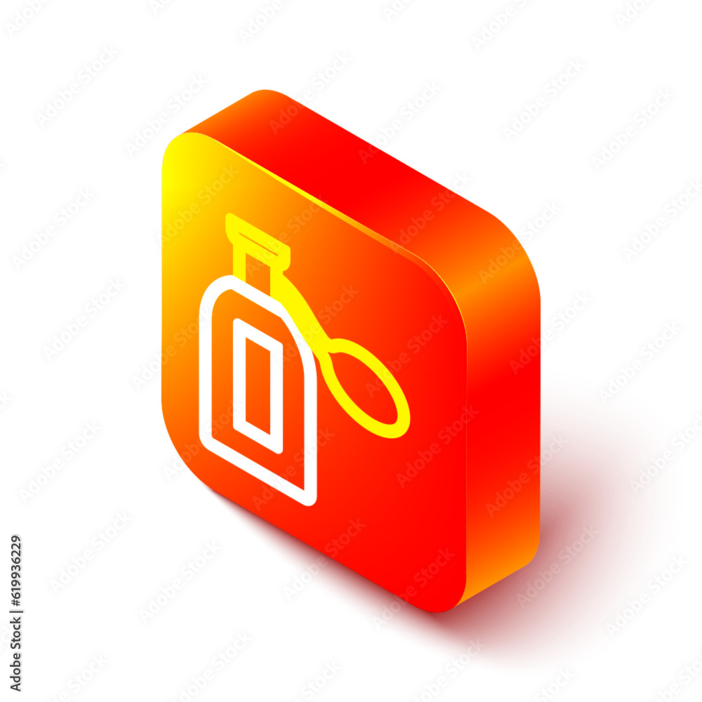 Isometric line Perfume icon isolated on white background. Orange square button. Vector Isometric line Perfume icon isolated on white background. Orange square button. Vector