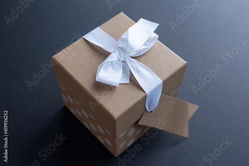 Brown paper gift box with white ribbon