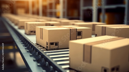 Packages delivery, packaging service and parcels, cardboard boxes on conveyor belt in warehouse,  © Olga
