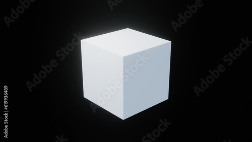 A white cube rotates on its vertical axis in an empty black space. Looping video. Infinite repeating pattern. 3D Rendering