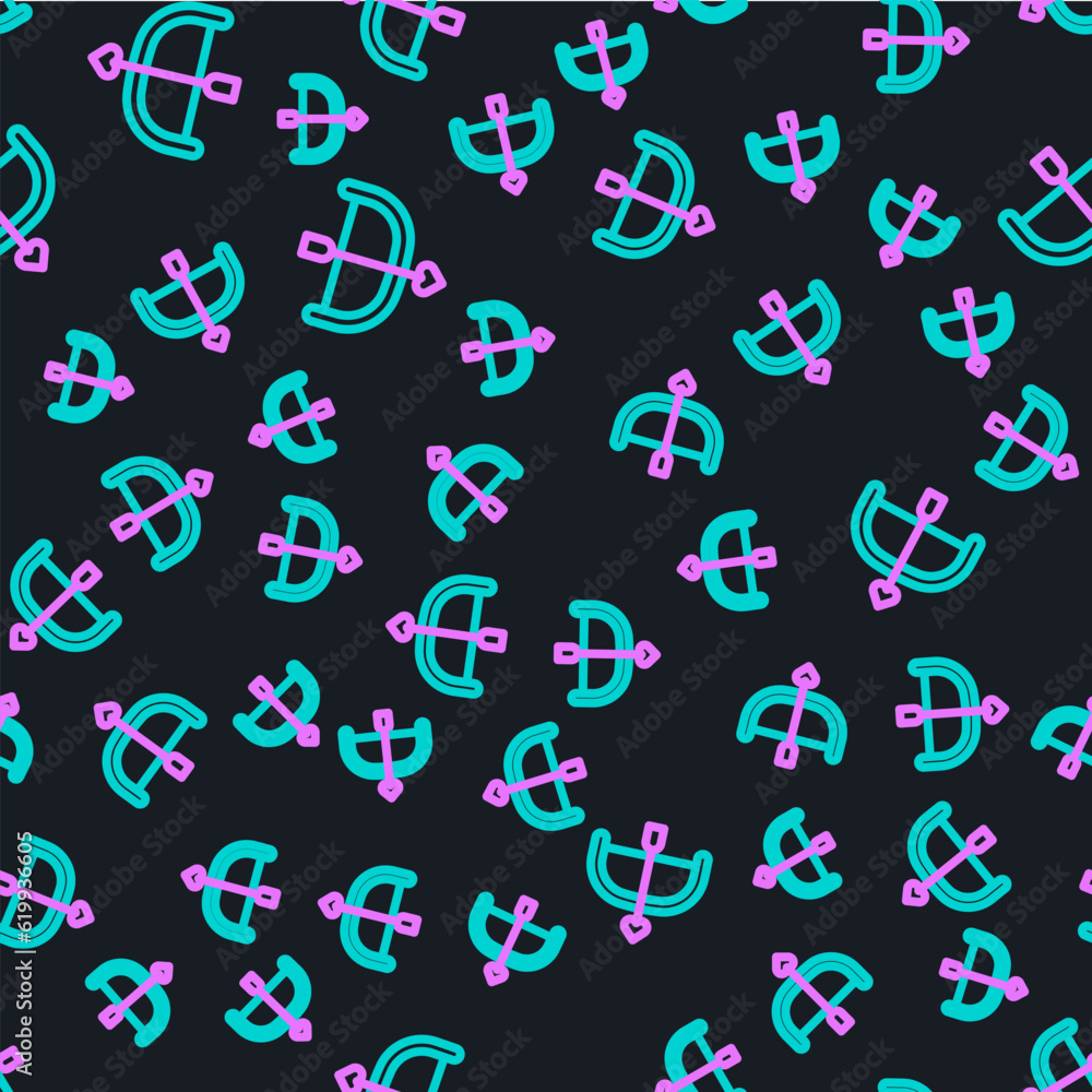 Line Bow and arrow icon isolated seamless pattern on black background. Cupid symbol. Love sign. Happy Valentines day. Vector