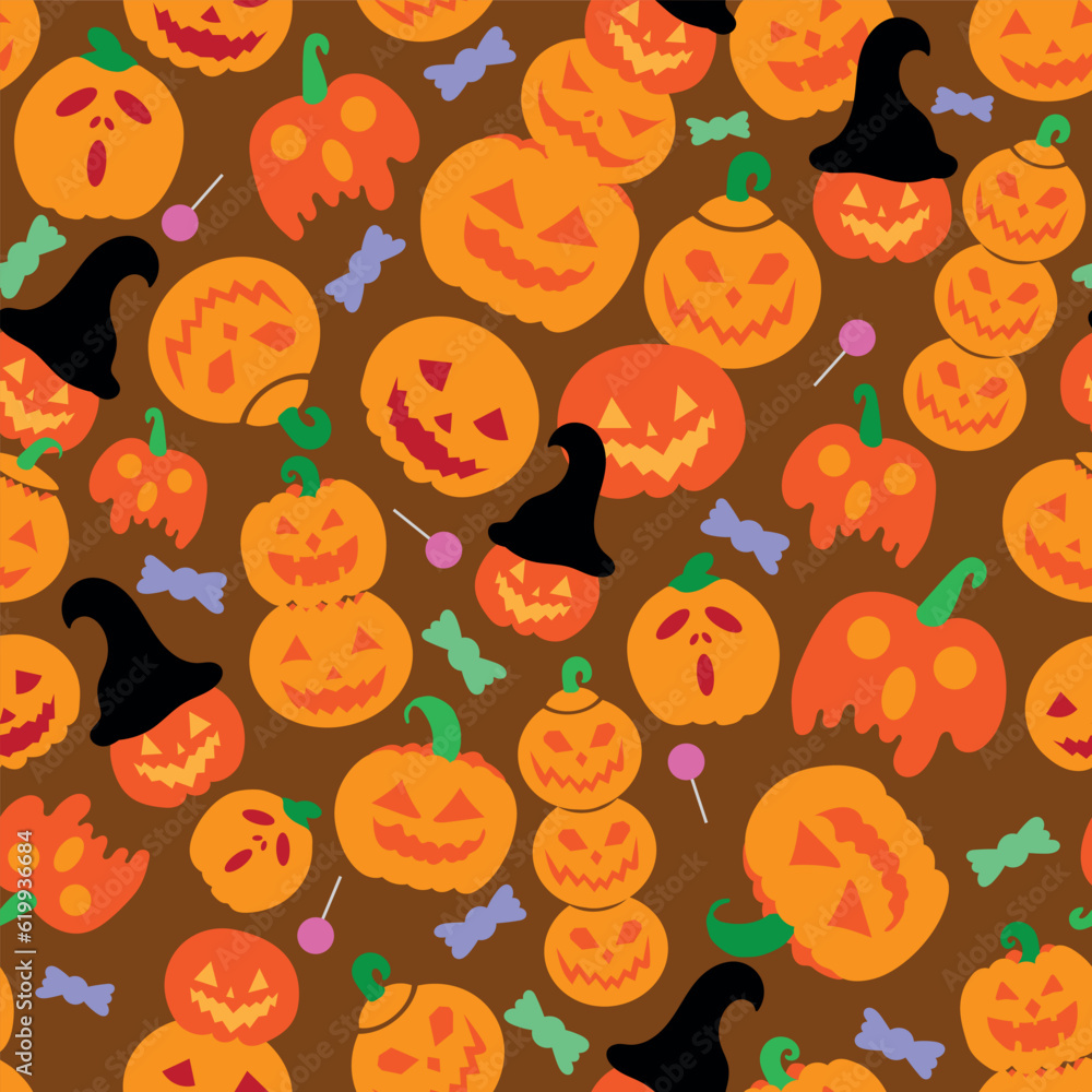 Fototapeta premium Brown Halloween pumpkin seamless vector background with funny, scary, and angry faces. Halloween vector pattern with pumpkins and sweets.