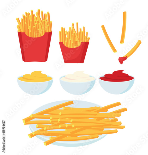 French fries set. Potato sticks in paper packaging, ketchup, mayo, mustard sauces isolated on white. Vector illustration for fast food snack, street food concept