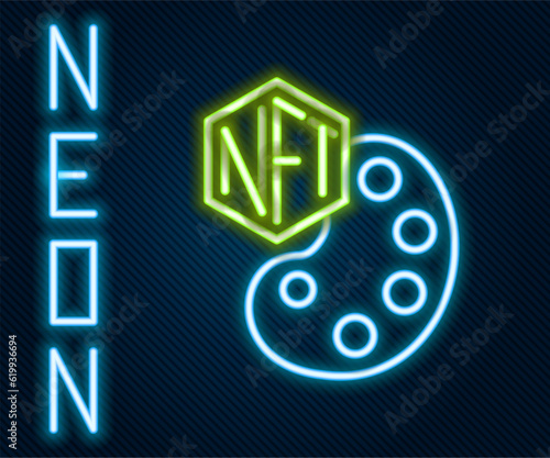Glowing neon line NFT Digital crypto art icon isolated on black background. Non fungible token. Colorful outline concept. Vector