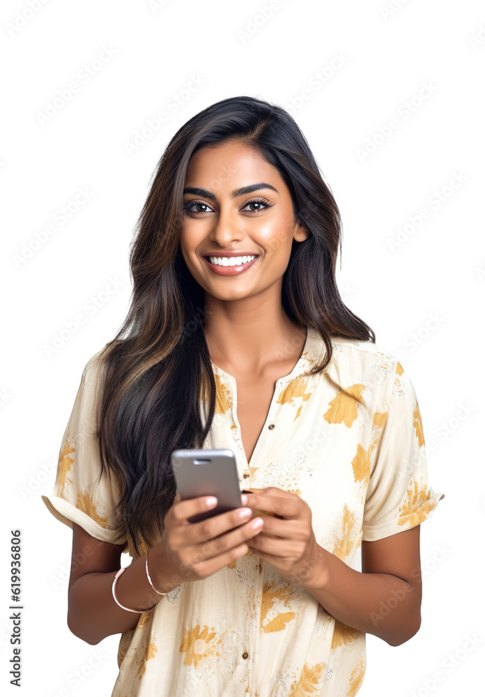 Attractive Indian woman using smart phone and looking at camera over white transparent background