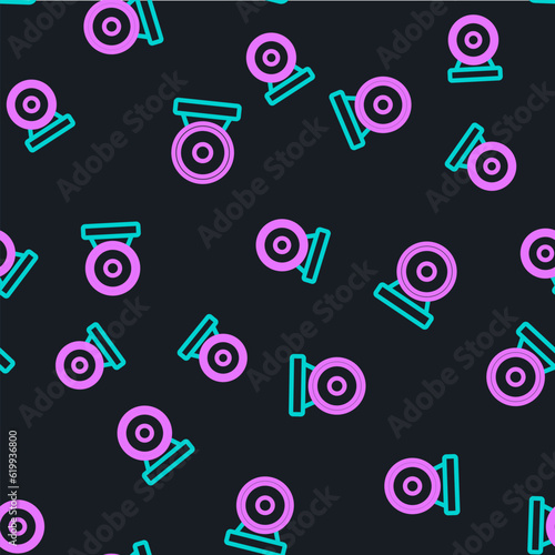 Line Boxing gong icon isolated seamless pattern on black background. Boxing bell. Vector