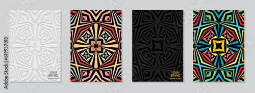 Cover set, vertical templates. Exotic collection of relief geometric backgrounds with ethnic 3D pattern. Tribal minimalism, traditions of the East, Asia, India, Mexico, Aztec, Peru.
