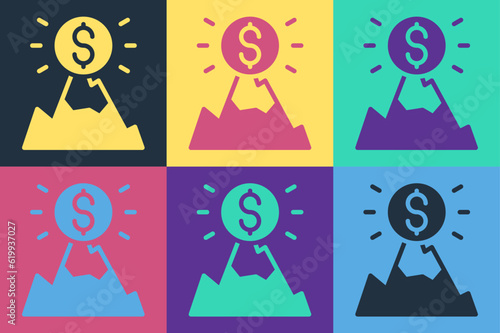 Pop art Mountains with flag on top icon isolated on color background. Symbol of victory or success concept. Goal achievement. Vector