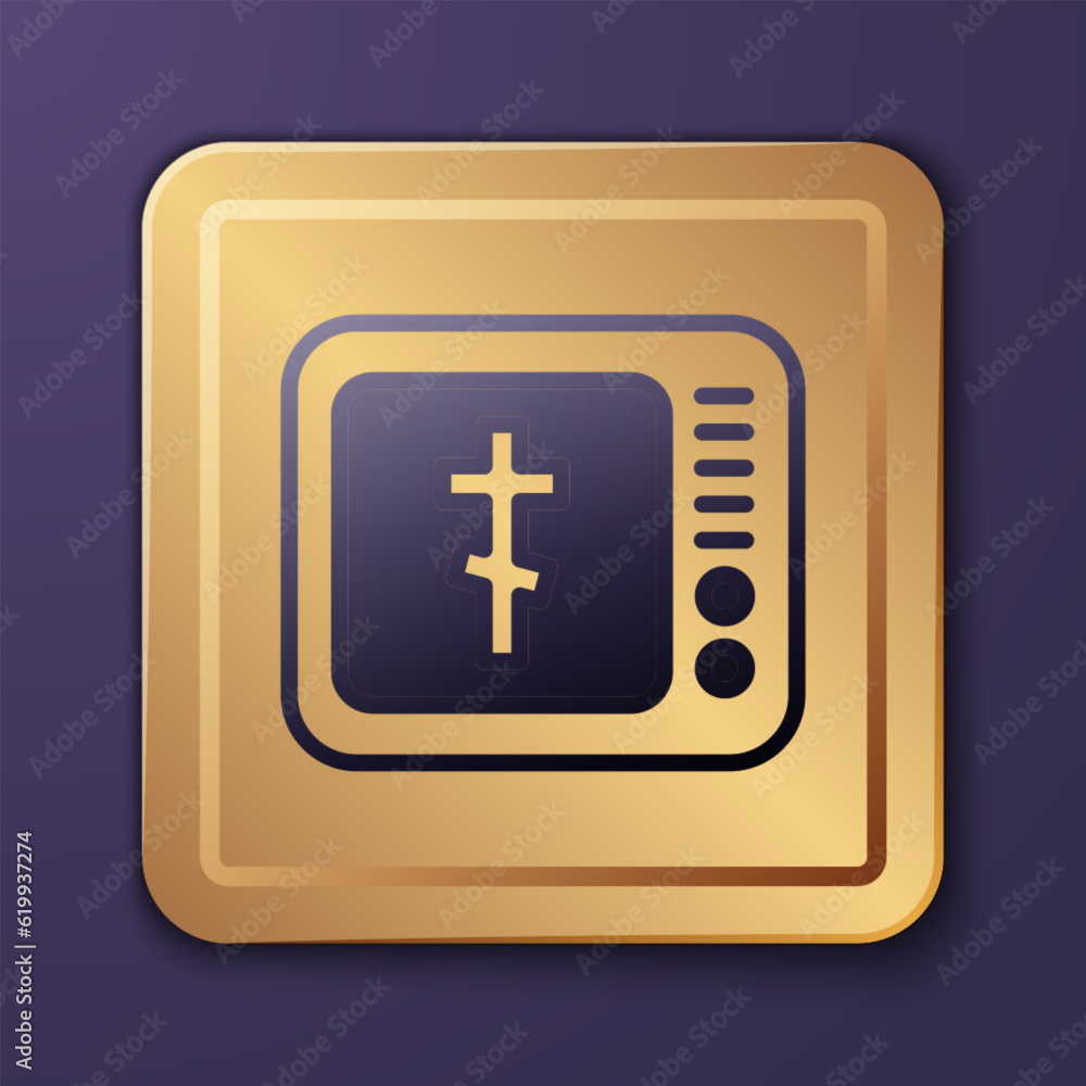 Purple Online church pastor preaching video streaming icon isolated on purple background. Online church of Jesus Christ. Gold square button. Vector Purple Online church pastor preaching video streaming icon isolated on purple background. Online church of Jesus Christ. Gold square button. Vector
