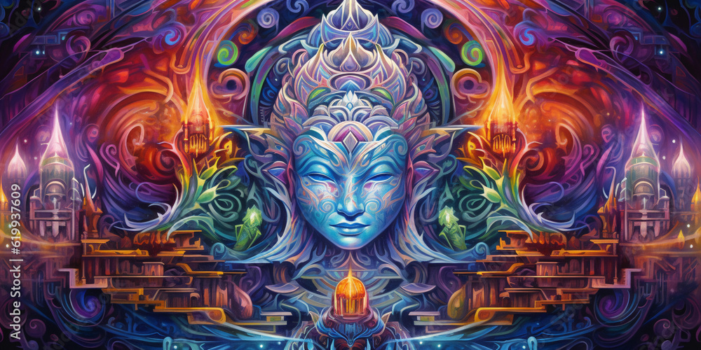 An intricate, psychedelic swirl of religious icons and symbols, tie - dye color scheme, glowing edges, mirroring fractal design, ultra HD