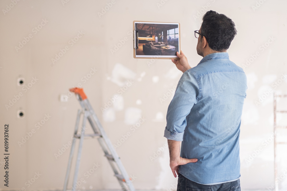 Man examining picture with loft-style interior design stands in unfinished room against shabby wall and ladder expectations of home owner for apartment renovation